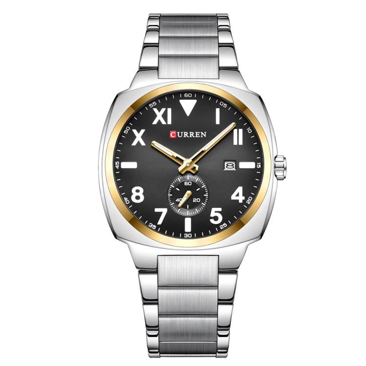Curren Men Steel Band Calendar Business Quartz Watch(Gold Ring Black)