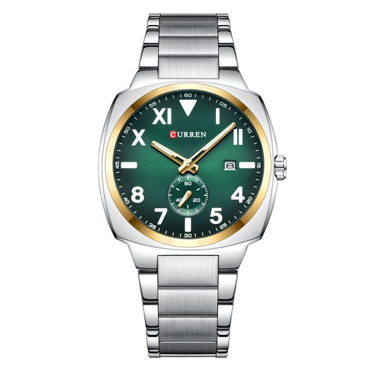 Curren Men Steel Band Calendar Business Quartz Watch(Gold Ring Green)