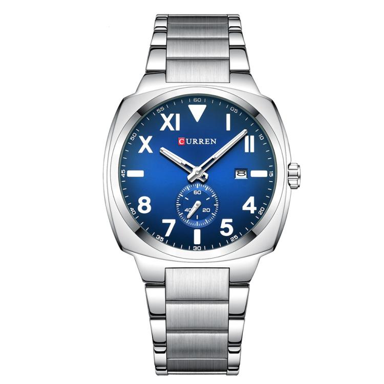 Curren Men Steel Band Calendar Business Quartz Watch(White Shell Blue)