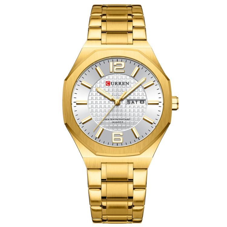 Curren Steel Band Calendar Men'S Business Quartz Watch(Gold White)
