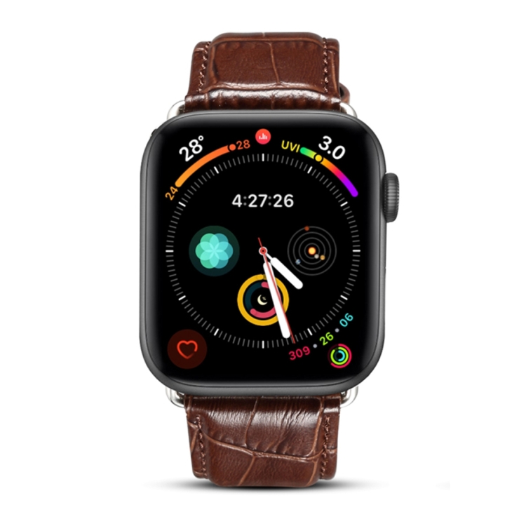 Denior Crocodile Grain Watch Cowhide Leather Watch Band for Apple Watch Series 7 41mm / 6 & SE & 5 & 4 40mm / 3 & 2 & 1 38mm (Brown)