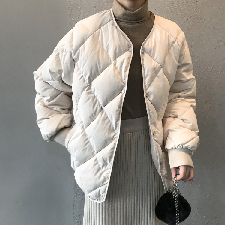 Diamond Lattice Loose And Warm Ladies Short Cotton-padded Jacket (Color:White Size:L)