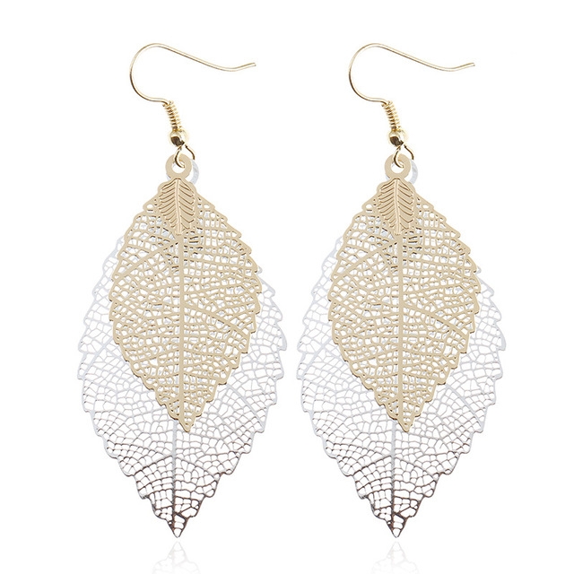 Double-layered Leaves Tassel Earrings Simple Retro Metal Leaf-ears Ornaments(Gold Silver)