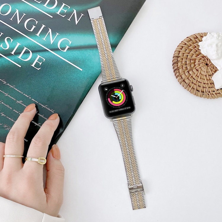 Double Lines Steel Watch Band For Apple Watch Series 9&8&7 41mm / SE 3&SE 2&6&SE&5&4 40mm / 3&2&1 38mm(Silver Gold)