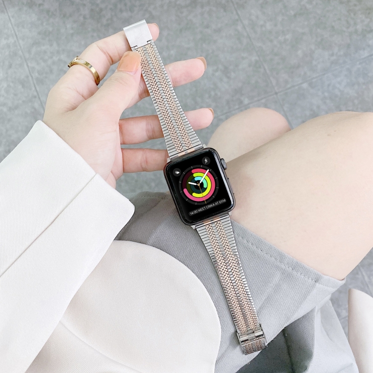 Double Lines Steel Watch Band For Apple Watch Series 9&8&7 41mm / SE 3&SE 2&6&SE&5&4 40mm / 3&2&1 38mm(Silver Rose Gold)