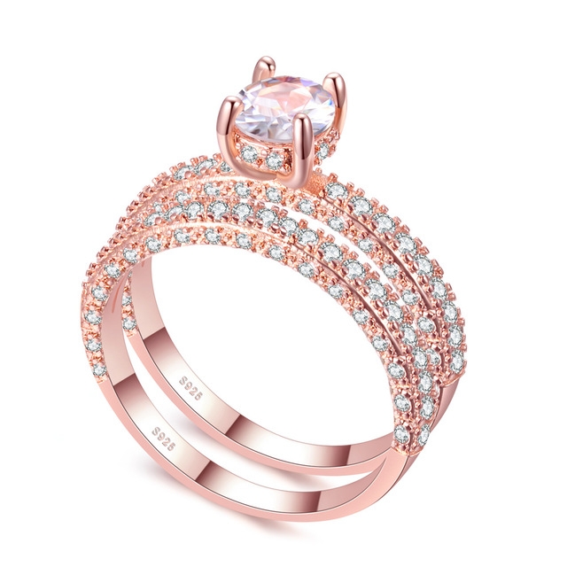 Double Row For Women Fashion Cubic Zirconia Wedding Engagement ring, Ring Size:7(Round Rose Gold)