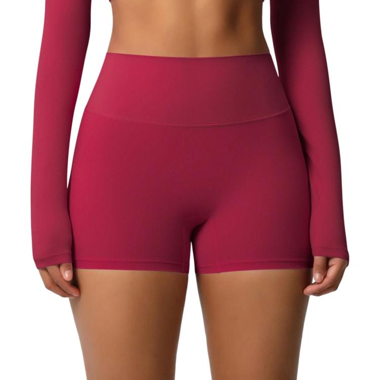 Double-Sided Brushed High-Waisted Tight-Fitting Fitness Yoga Shorts, Size: L(Carmine Red)