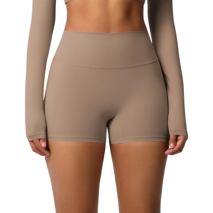 Double-Sided Brushed High-Waisted Tight-Fitting Fitness Yoga Shorts, Size: L(Mocha Brown)