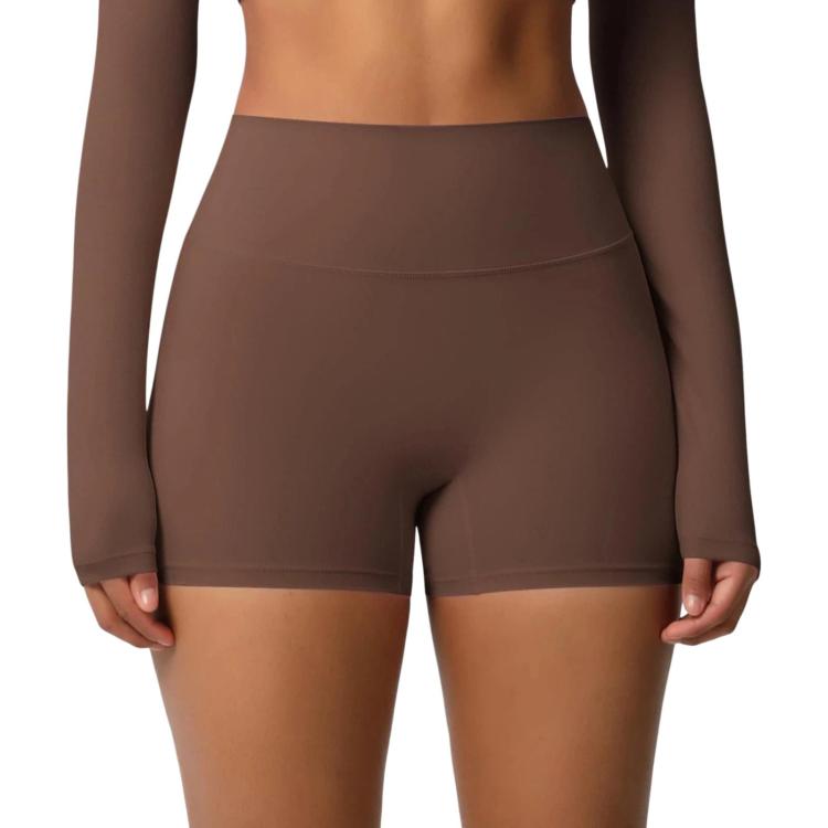 Double-Sided Brushed High-Waisted Tight-Fitting Fitness Yoga Shorts, Size: M(Chestnut)