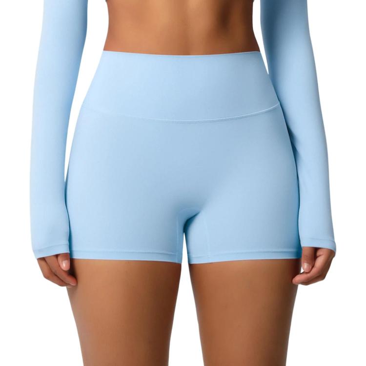 Double-Sided Brushed High-Waisted Tight-Fitting Fitness Yoga Shorts, Size: M(Sky Blue)