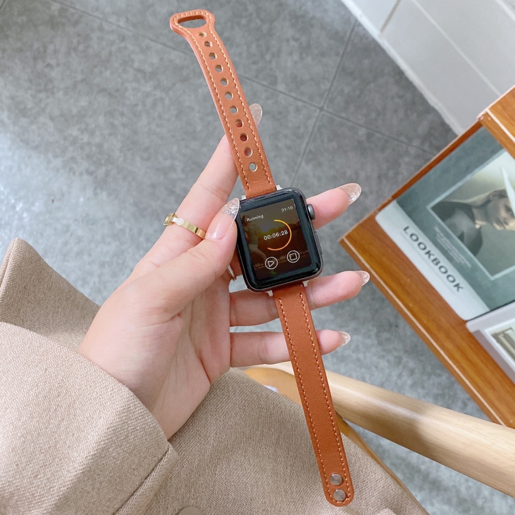 Double Studs Buckle Genuine Leather Watch Band Watch Band For Apple Watch Ultra 49mm&Watch Ultra 2 49mm / Series 9&8&7 45mm / SE 3&SE 2&6&SE&5&4 44mm / 3&2&1 42mm(Brown)