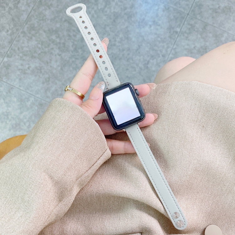 Double Studs Buckle Genuine Leather Watch Band Watch Band For Apple Watch Ultra 49mm&Watch Ultra 2 49mm / Series 9&8&7 45mm / SE 3&SE 2&6&SE&5&4 44mm / 3&2&1 42mm(White)