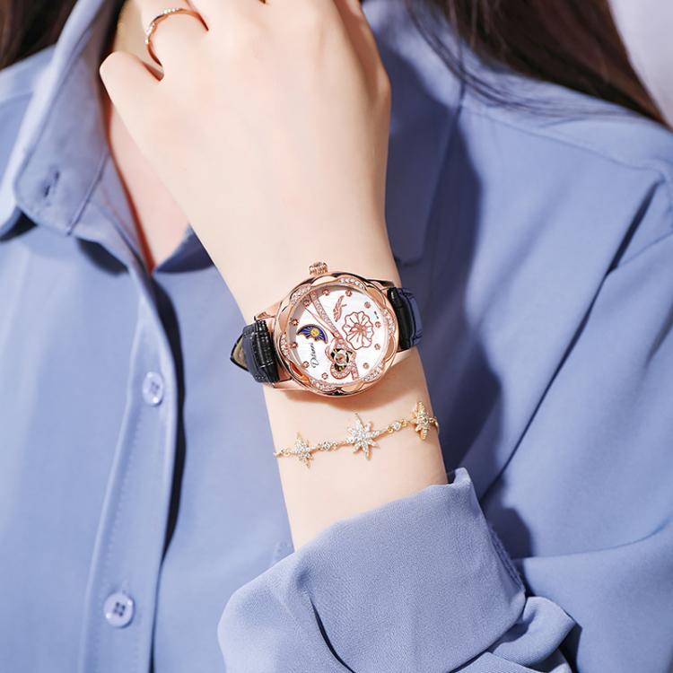 Dulunwe 6018B 30m Waterproof Luminous Automatic Mechanical Watch, Color: Black Leather Strap
