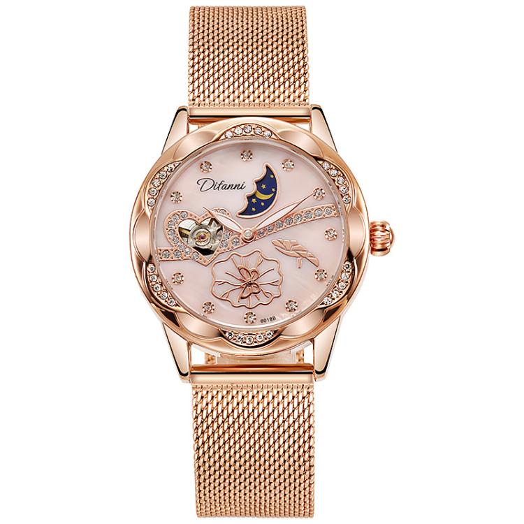 Dulunwe 6018B 30m Waterproof Luminous Automatic Mechanical Watch, Color: Mesh Strap Pink