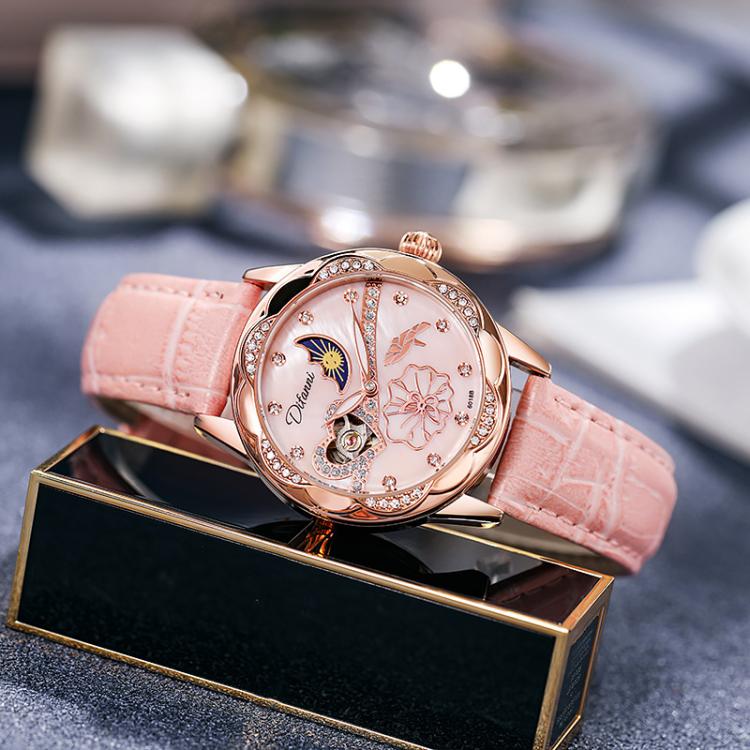 Dulunwe 6018B 30m Waterproof Luminous Automatic Mechanical Watch, Color: Pink Leather Strap