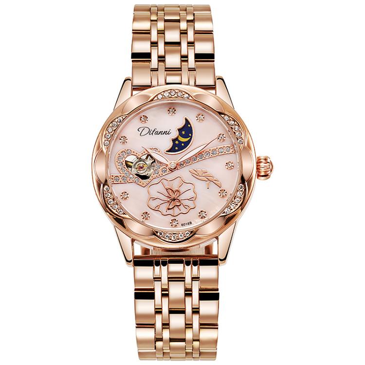 Dulunwe 6018B 30m Waterproof Luminous Automatic Mechanical Watch, Color: Steel Strap Pink