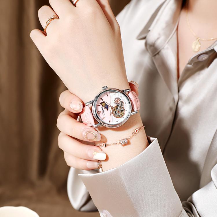 Dulunwe 6023C 30m Waterproof Fully Automatic Mechanical Watch, Color: Natural Leather Pink