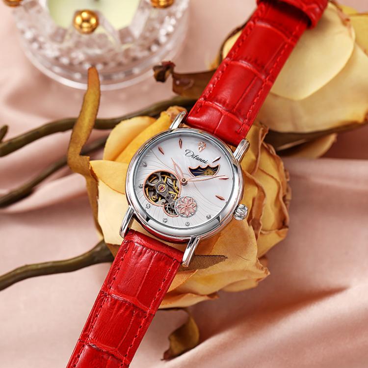 Dulunwe 6023C 30m Waterproof Fully Automatic Mechanical Watch, Color: Natural Leather Red