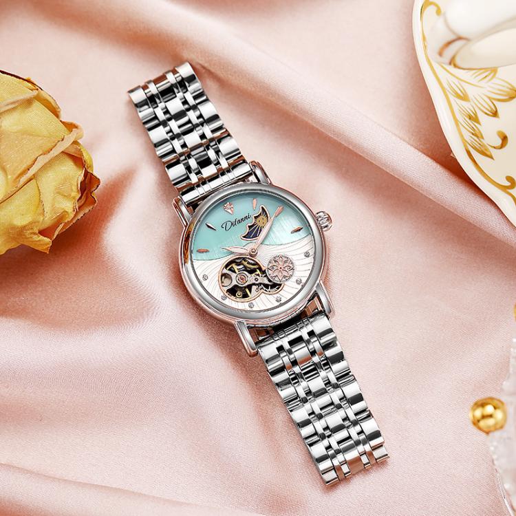 Dulunwe 6023C 30m Waterproof Fully Automatic Mechanical Watch, Color: Natural Steel Strap Green