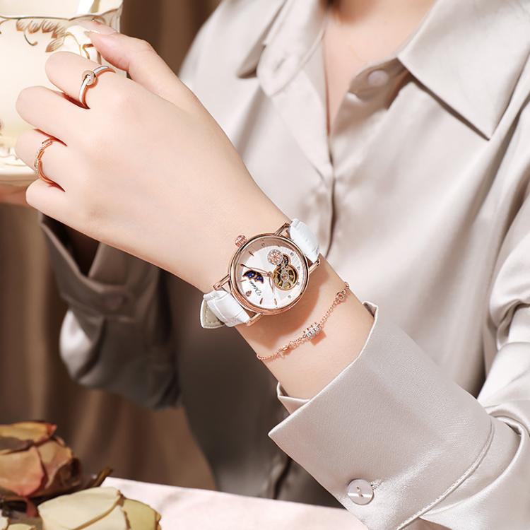 Dulunwe 6023C 30m Waterproof Fully Automatic Mechanical Watch, Color: Rose Gold Leather White