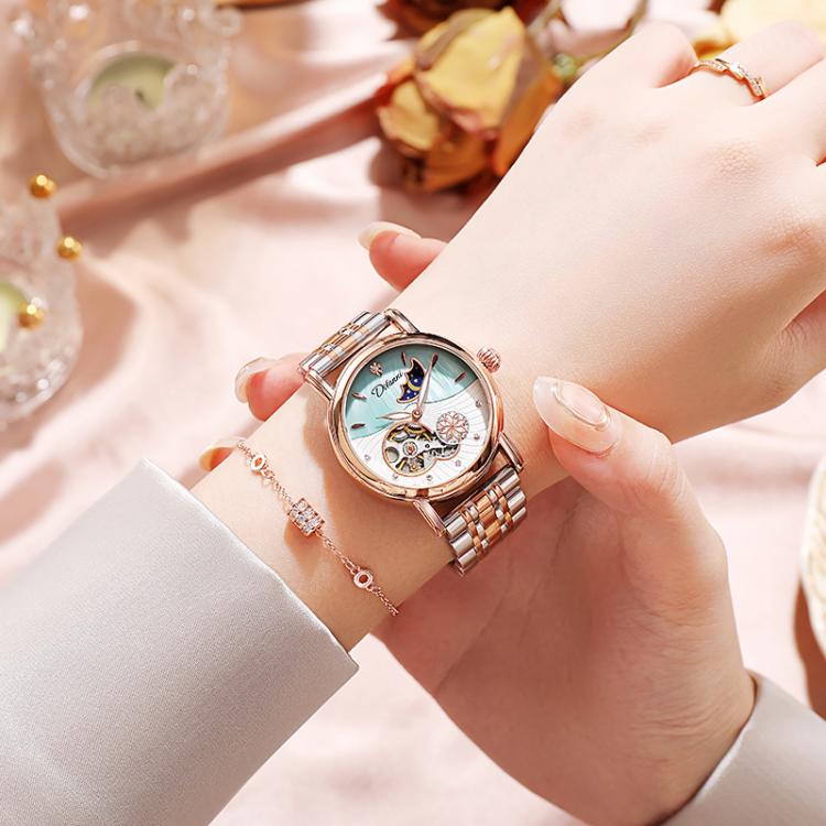 Dulunwe 6023C 30m Waterproof Fully Automatic Mechanical Watch, Color: Rose Gold Steel Strap Green