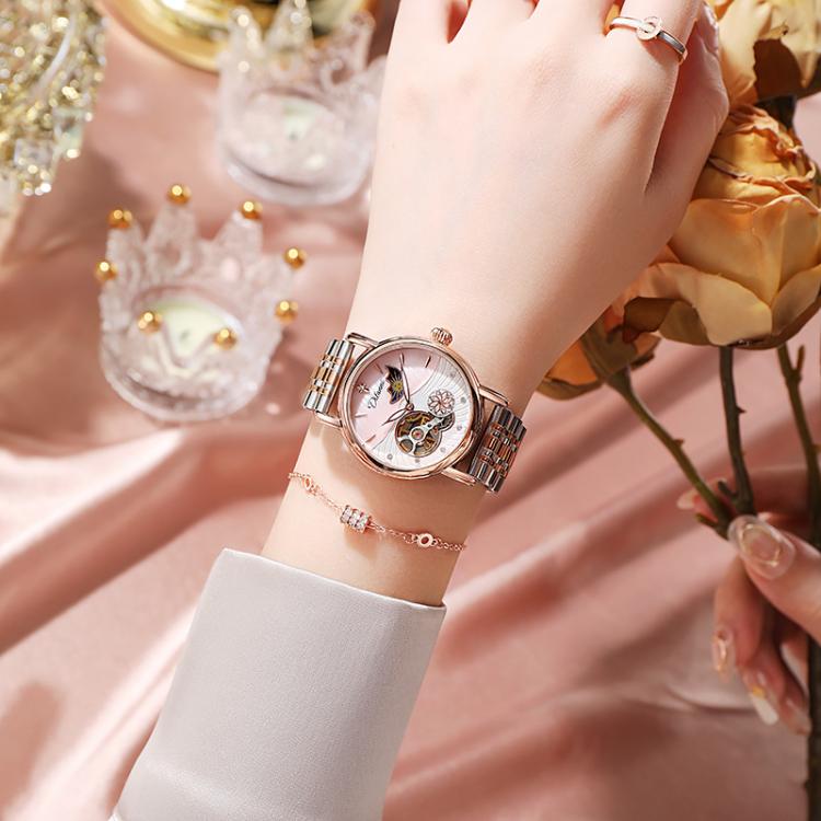 Dulunwe 6023C 30m Waterproof Fully Automatic Mechanical Watch, Color: Rose Gold Steel Strap Pink