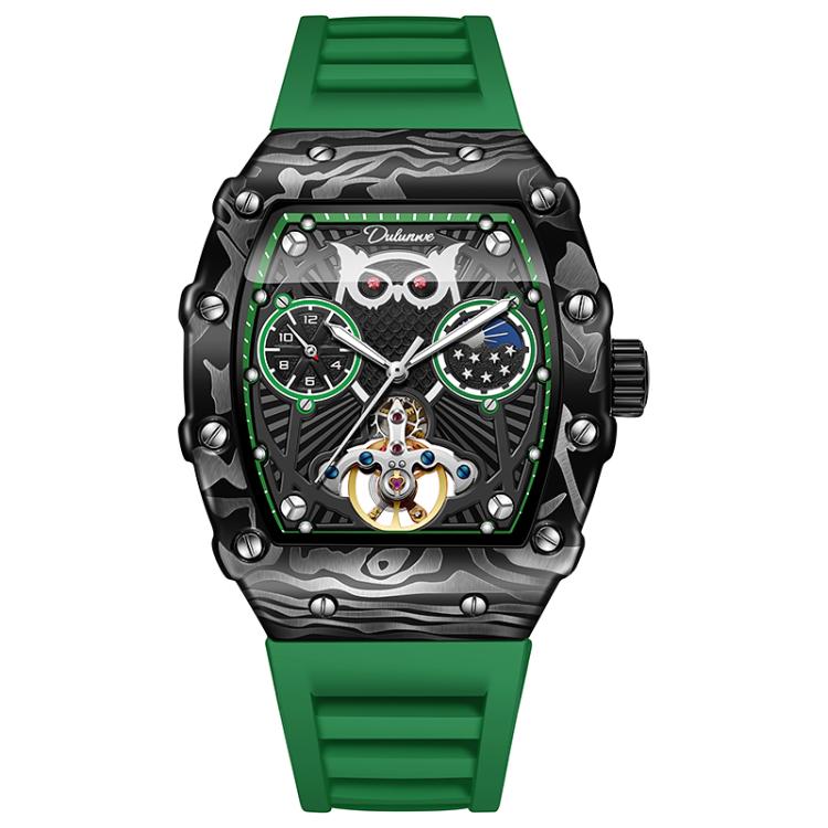 Dulunwe 6039C 30m Waterproof Barrel-shaped Hollow Luminous Automatic Mechanical Watch(Green Strap)