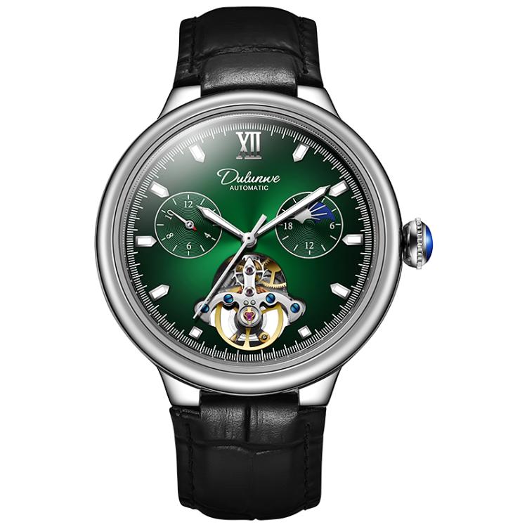 Dulunwe 6049B 30m Waterproof Luminous Flywheel Fully Automatic Mechanical Watch(Green Leather Strap)