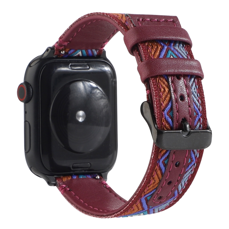 Ethnic Leather Watch Band For Apple Watch Series 7 45mm / 6 & SE & 5 & 4 44mm / 3 & 2 & 1 42mm(Wine Red)