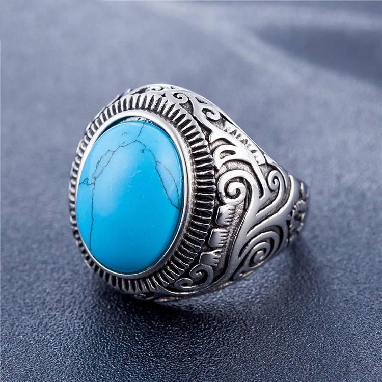 Europe and America Style Retro Gemstone Turquoise Men Titanium Steel Ring, Size: 8, Diameter: 18.2mm, Perimeter: 57mm(Blue)