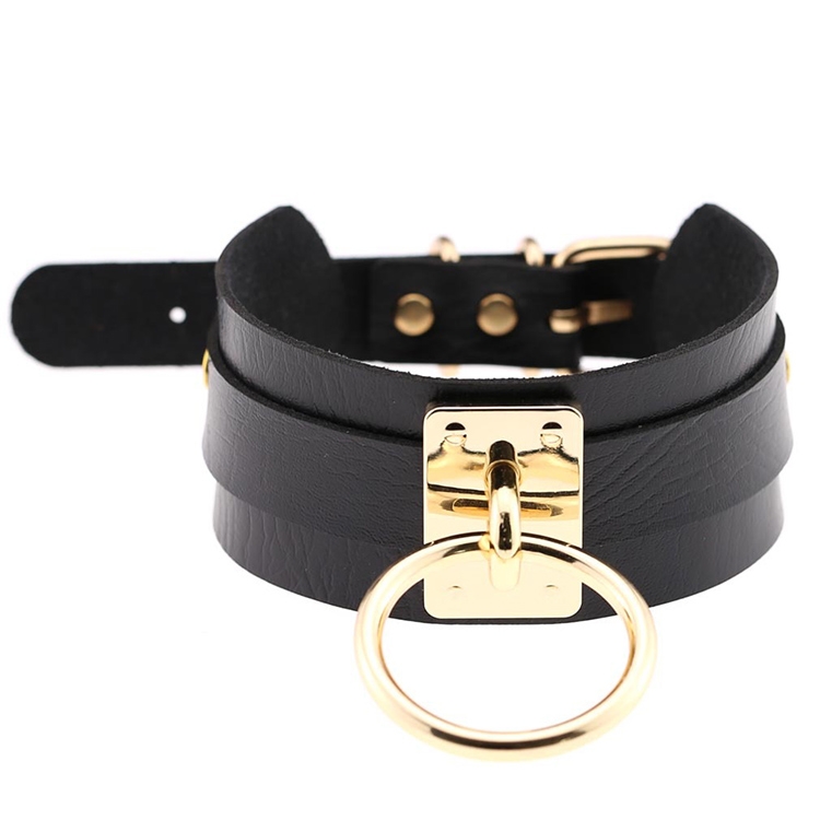European and American Harajuku PU Leather Gold Single Ring Collar Wide Street-Snap Nightclub O-shaped Choker Necklace(Black)