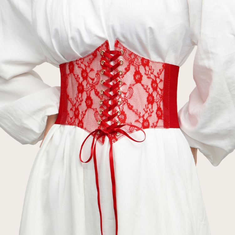 Extra-Wided Lace Decorative Dress shirt Stretch Elastic Tied Belt(Red)