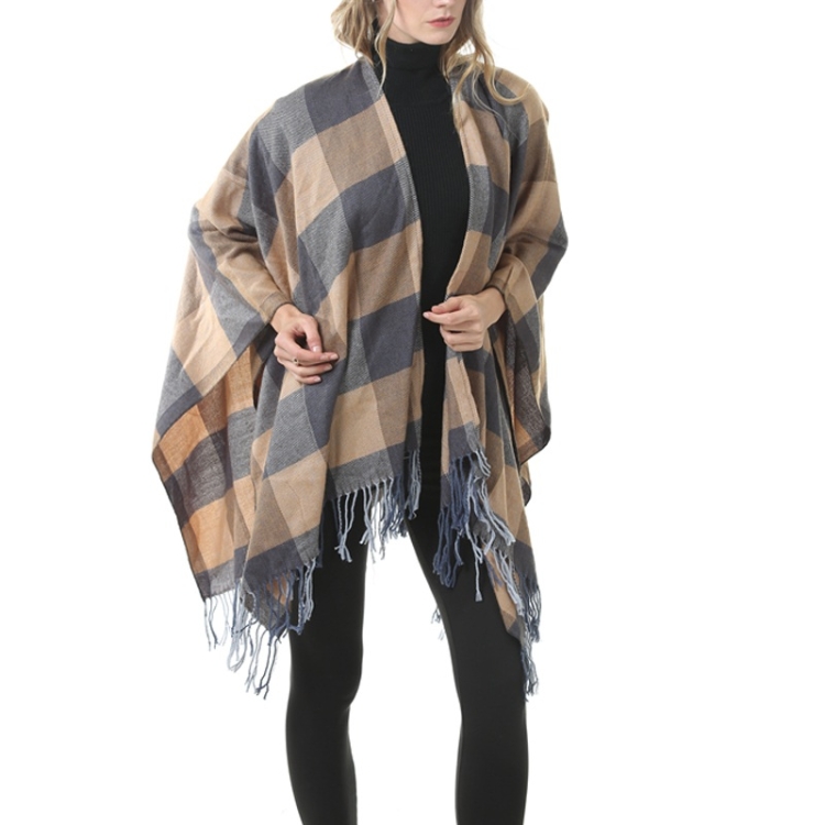 Fashion Classic Split Plaid Shawl Fringed Thickening Imitation Cashmere Cloak (P30)