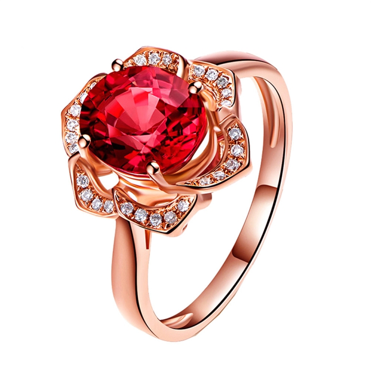 Fashion Red Tourmaline Rose Gold Flower Shape Women Ring, Ring Size:6