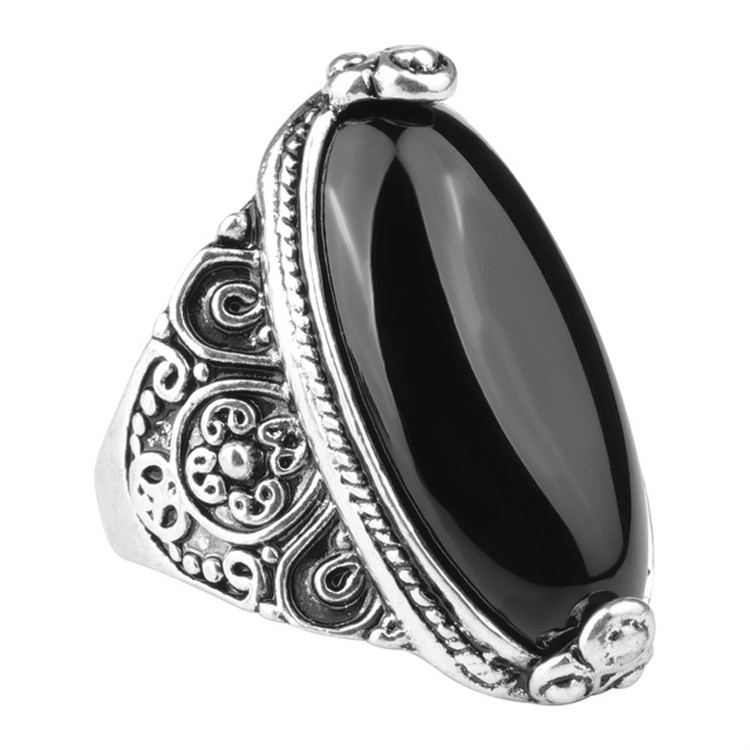Fashion Vintage Oval Turquoise Flower Ring Women Antique Silver Jewelry, Ring Size:10(Black)