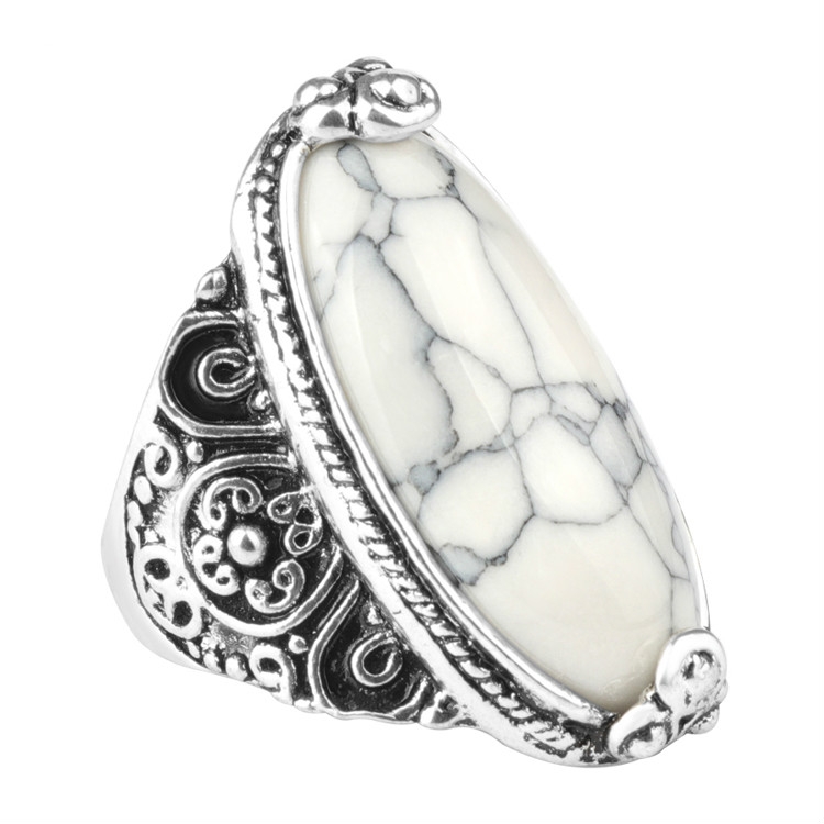 Fashion Vintage Oval Turquoise Flower Ring Women Antique Silver Jewelry, Ring Size:10(White)