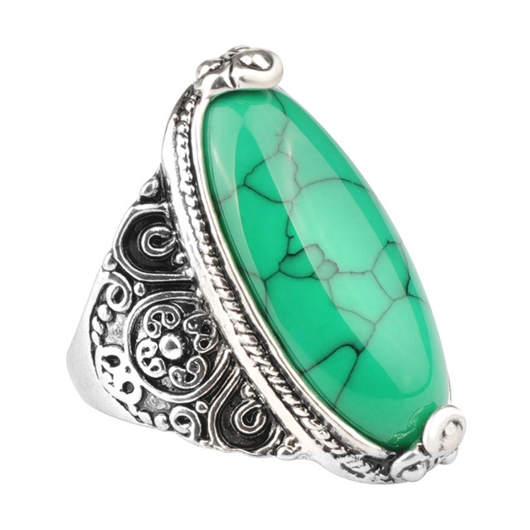 Fashion Vintage Oval Turquoise Flower Ring Women Antique Silver Jewelry, Ring Size:7(Green)