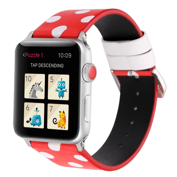 Fashion Wave Dot Series Leather Watch Band For Apple Watch Series 9&8&7 41mm / SE 3&SE 2&6&SE&5&4 40mm / 3&2&1 38mm(White Waves Dot Red Background)
