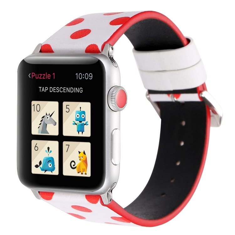 Fashion Wave Dot Series Leather Watch Band For Apple Watch Ultra 49mm&Watch Ultra 2 49mm / Series 9&8&7 45mm / SE 3&SE 2&6&SE&5&4 44mm / 3&2&1 42mm(Red Wave Dots On White)