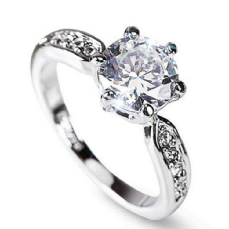 Female Classic Crystal Six-Claw Diamond Ring Wedding Ring, Ring Size:9(White Gold)