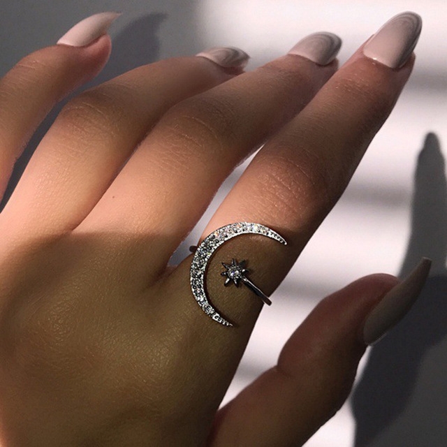 Female Star Moon Rings Crystal Ring Staking Jewelry(Silver)