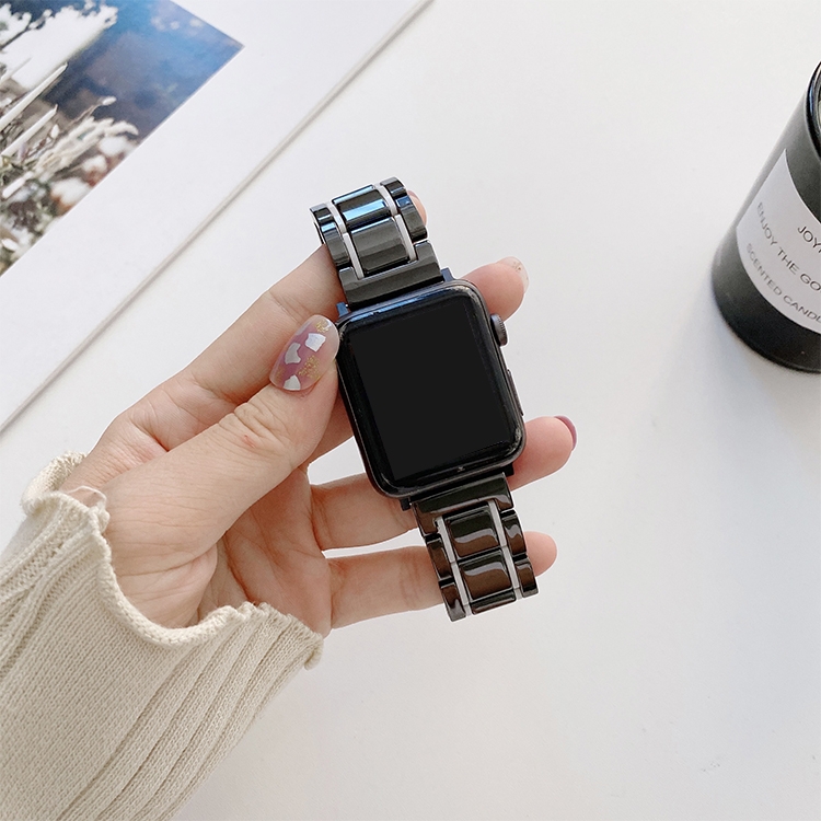 Five Beads Ceramic Steel Watch Band For Apple Watch Series 9&8&7 41mm / SE 3&SE 2&6&SE&5&4 40mm / 3&2&1 38mm(Black + Silver)