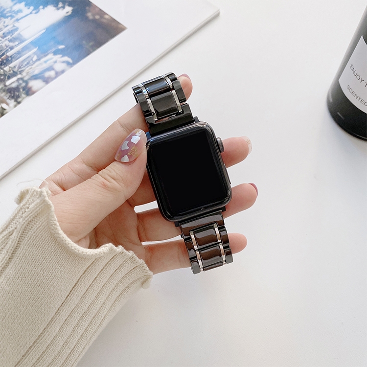 Five Beads Ceramic Steel Watch Band For Apple Watch Ultra 49mm&Watch Ultra 2 49mm / Series 9&8&7 45mm / SE 3&SE 2&6&SE&5&4 44mm / 3&2&1 42mm(Black + Silver)