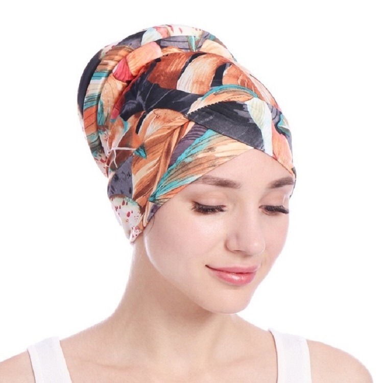 Floral Turban Hat Cotton Back Plate Hair Wrap Cap, Size:M (56-58cm)(Orange)