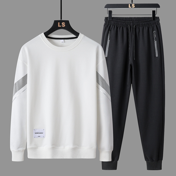FLQS188 Spring and Autumn Round Collar Pullover Sweatshirt Set Men Casual Sports Clothes, Size: 5XL(White)