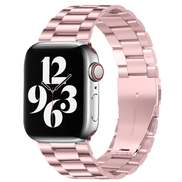 Fold Buckle 3 Beads Stainless Steel Watch Band For Apple Watch Ultra 49mm&Watch Ultra 2 49mm / Series 10 46mm / 9&8&7 45mm / SE 3&SE 2&6&SE&5&4 44mm / 3&2&1 42mm(Pink)