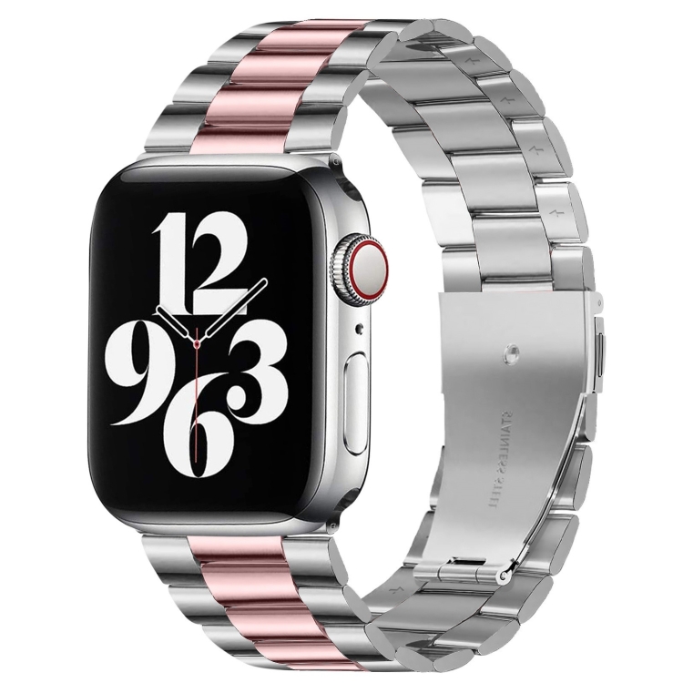 Fold Buckle 3 Beads Stainless Steel Watch Band For Apple Watch Ultra 49mm&Watch Ultra 2 49mm / Series 10 46mm / 9&8&7 45mm / SE 3&SE 2&6&SE&5&4 44mm / 3&2&1 42mm(Silver Pink)
