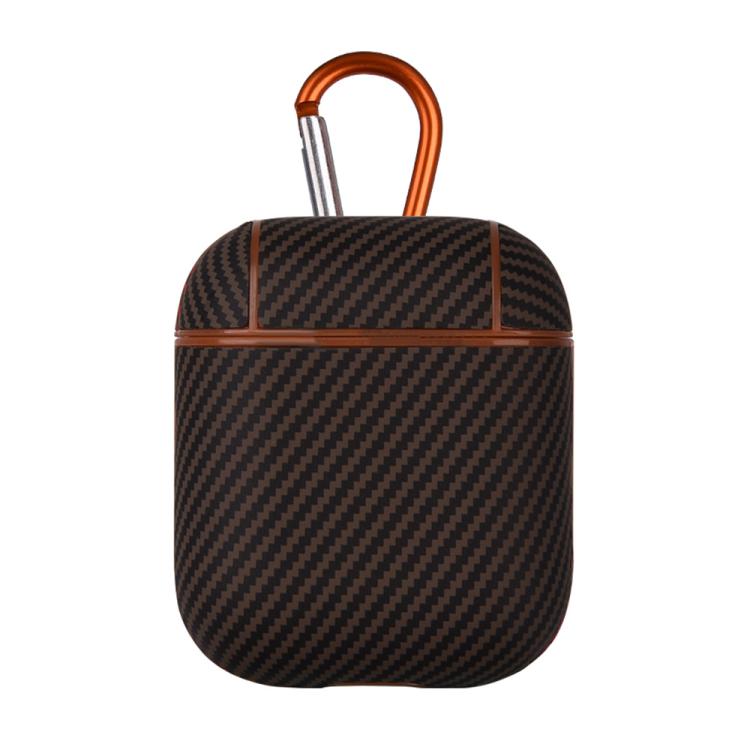 For AirPods 1 / 2 Carbon Fibre Texture PU Earbuds Box PC Case with Hook(Brown)