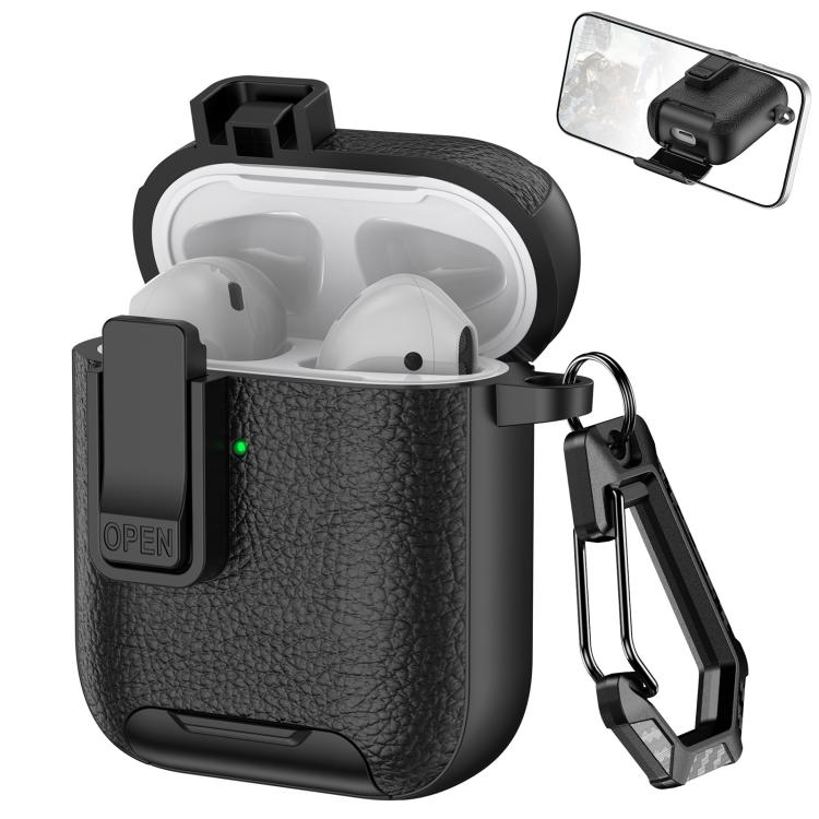 For AirPods 1 / 2 Leather Texture Wireless Earphones Case with Hook & Holder(Black)