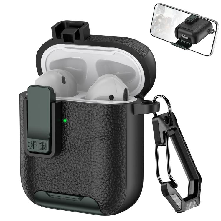 For AirPods 1 / 2 Leather Texture Wireless Earphones Case with Hook & Holder(Black Army Green)